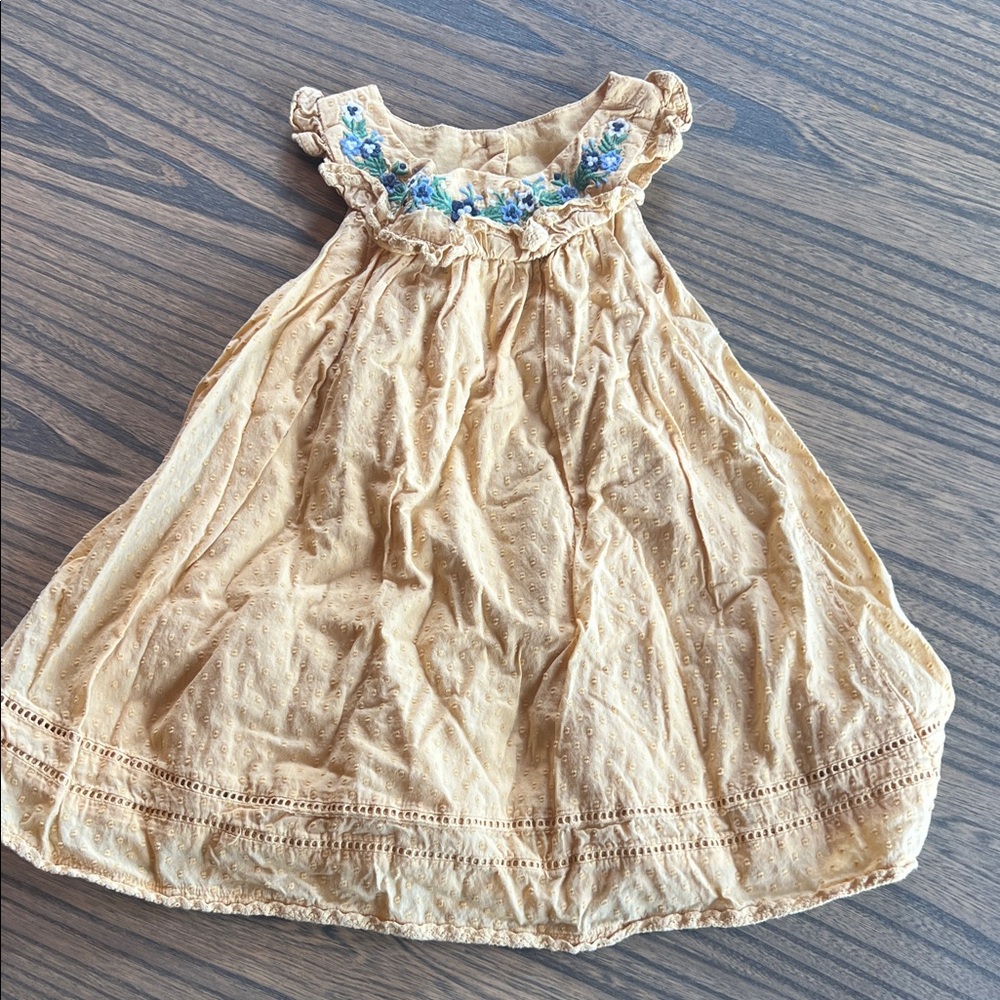 Charming Light Yellow Kids Dress with Blue Embroidery